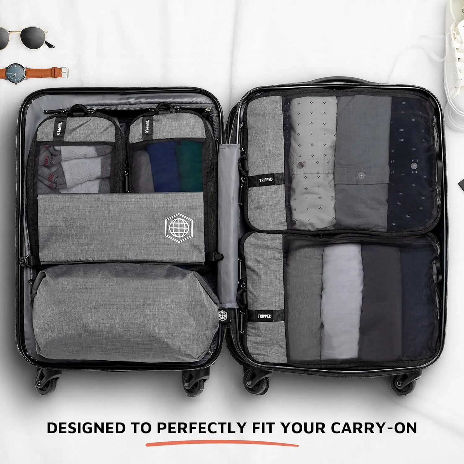 Premium Compression Packing Cubes for Travel, Compression Packaging Cube, Zip Bags Premium 6-Piece Set with laundry bag and shoe bag by TRIPPED Travel Gear (Grey Mesh)