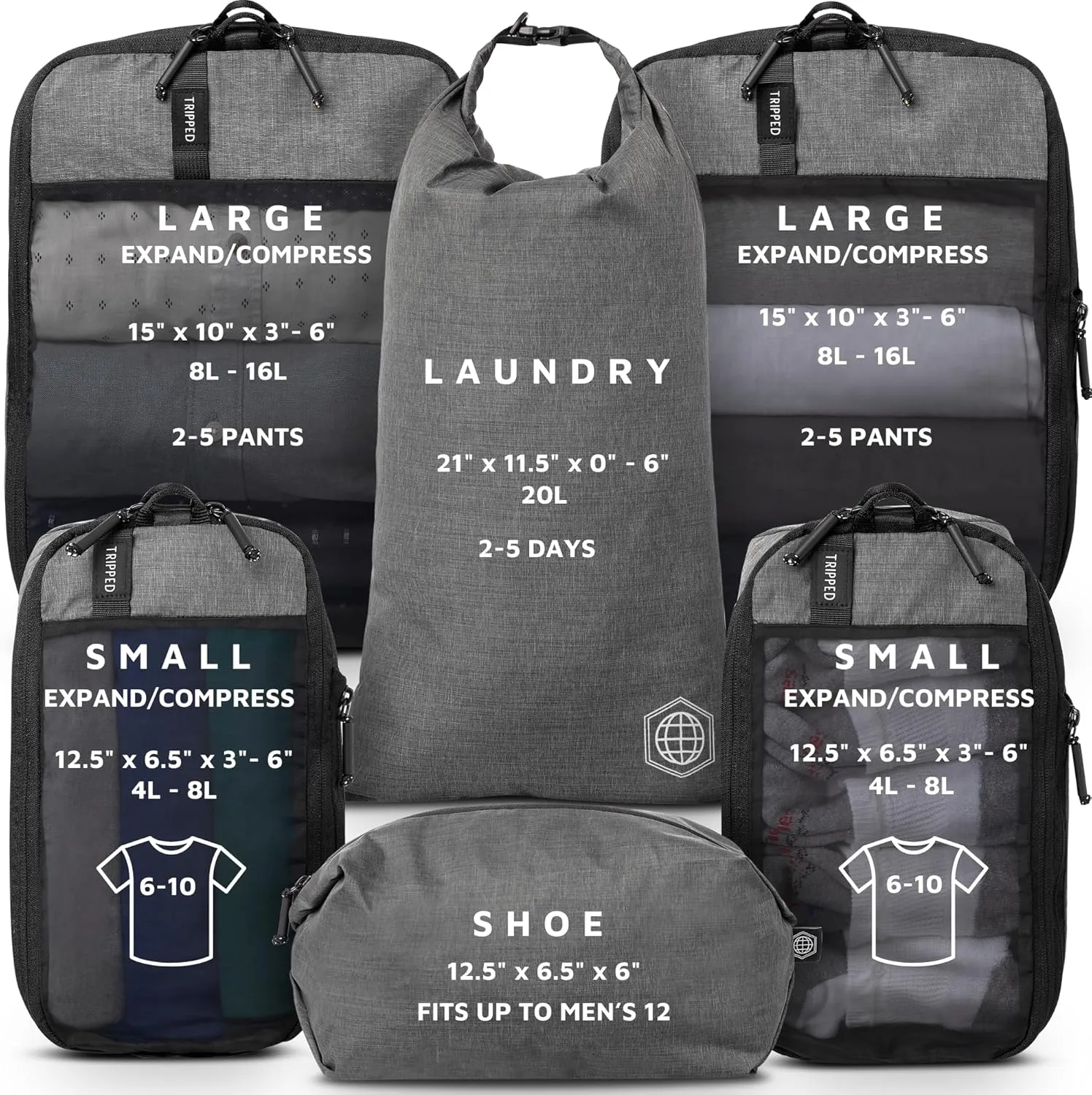 Premium Compression Packing Cubes for Travel, Compression Packaging Cube, Zip Bags Premium 6-Piece Set with laundry bag and shoe bag by TRIPPED Travel Gear (Grey Mesh)