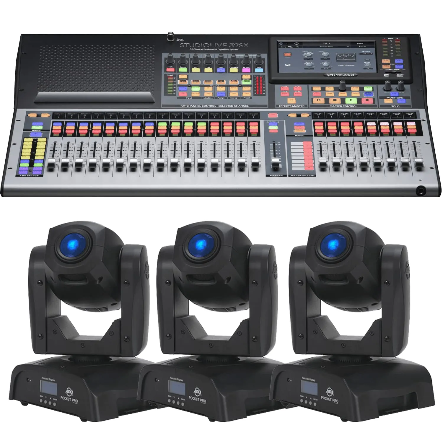 PreSonus StudioLive 32SX Series III S 32-Channel Compact Digital Mixer/Recorder/Interface   (3) American DJ Pocket Pro – Compact LED Moving Head Light (Black)