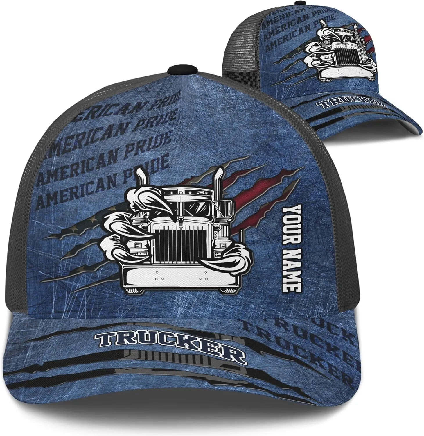 Printing Mesh Trucker Hat Customizable Semi Trailer and Metal Pattern Netback Caps with Name Trucker for Truck Driver