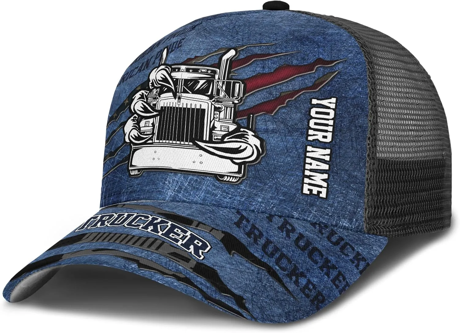 Printing Mesh Trucker Hat Customizable Semi Trailer and Metal Pattern Netback Caps with Name Trucker for Truck Driver