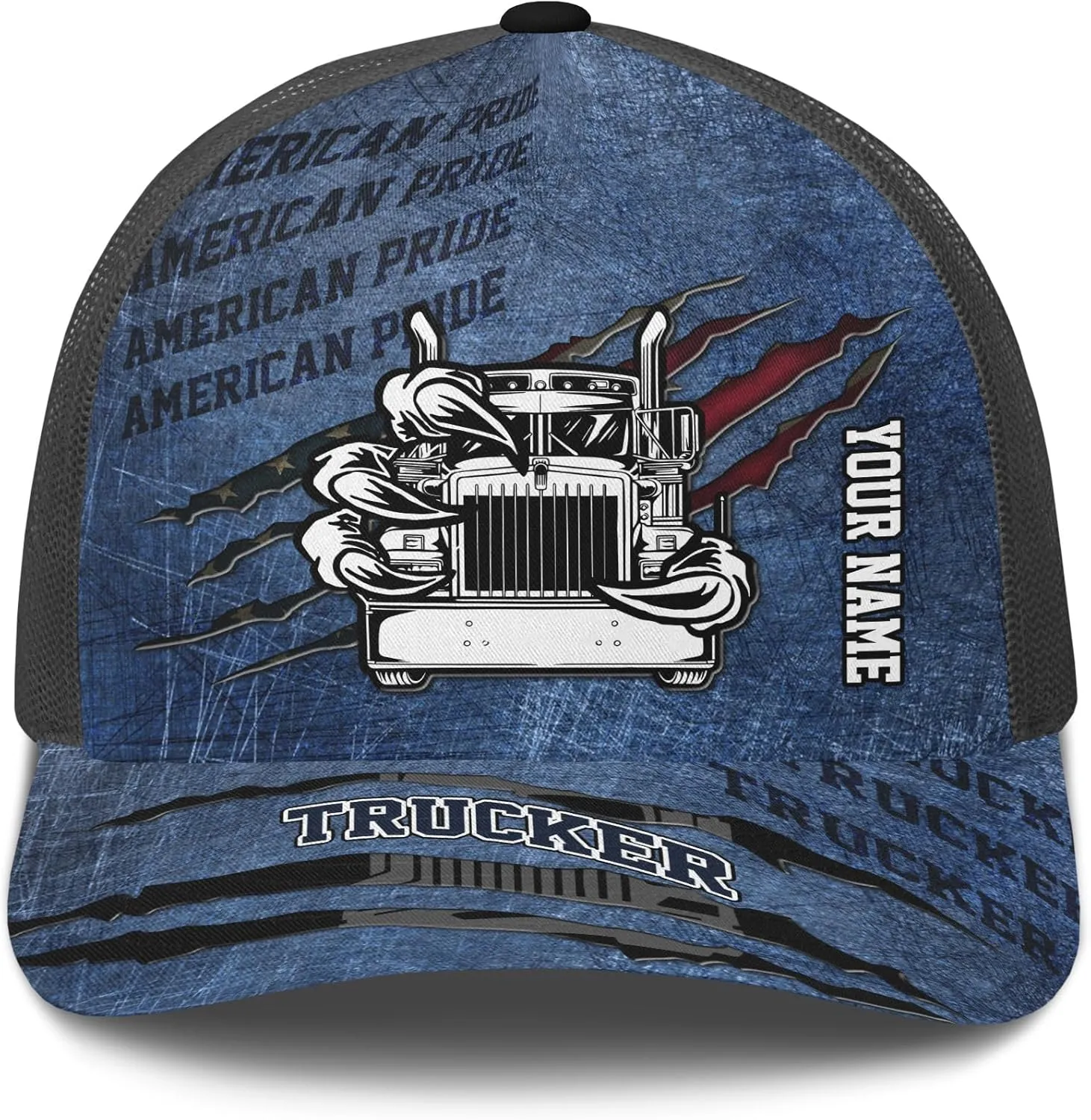 Printing Mesh Trucker Hat Customizable Semi Trailer and Metal Pattern Netback Caps with Name Trucker for Truck Driver
