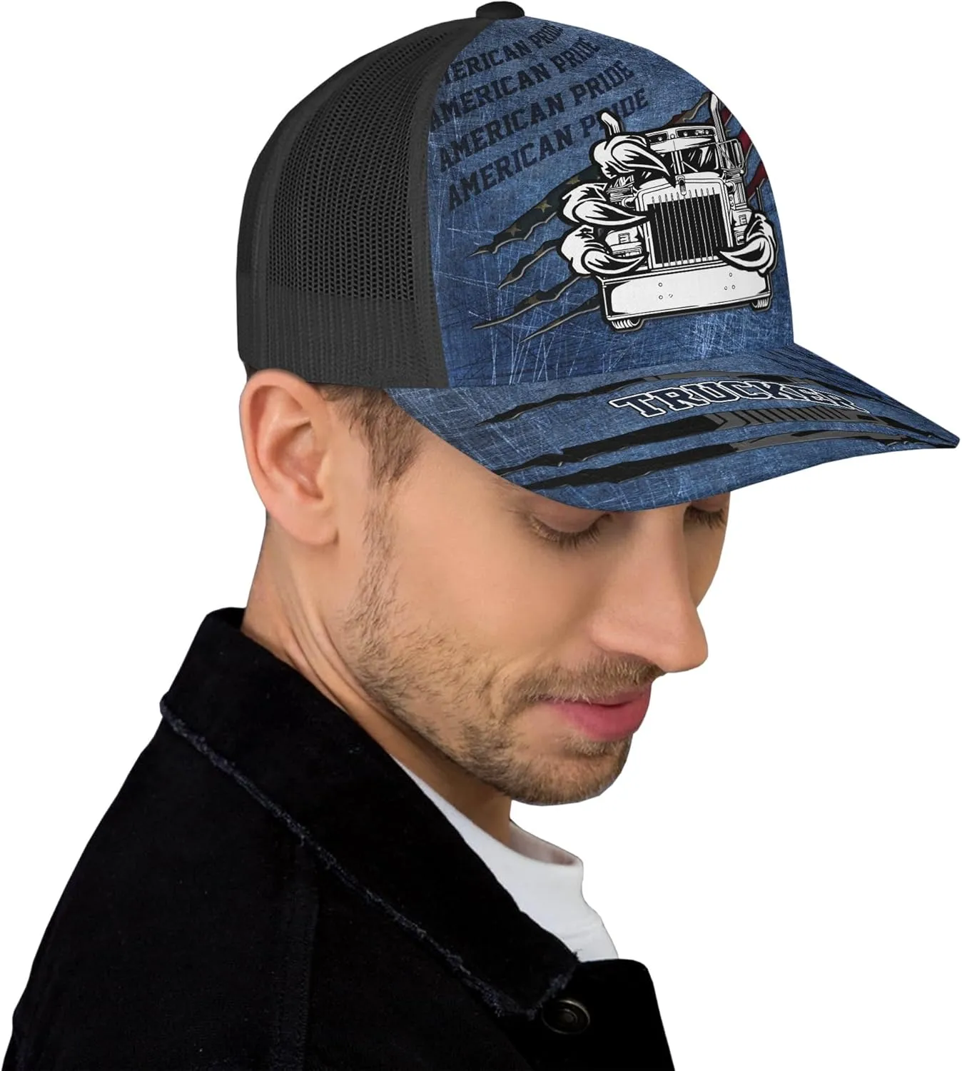 Printing Mesh Trucker Hat Customizable Semi Trailer and Metal Pattern Netback Caps with Name Trucker for Truck Driver