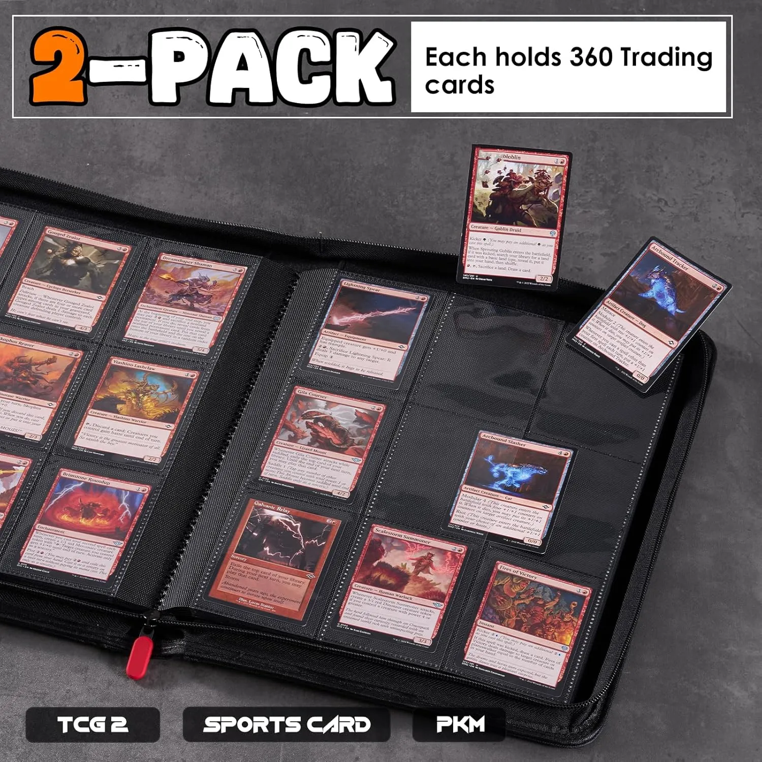 ProCase 2 Pack Trading Card Binder with Side Lable; Holds 360 Trading Card with 9 Pockets; Premium Zipper Card Collection binder Album Folder for Sports Cards, TCG, MTG, PKM -Black