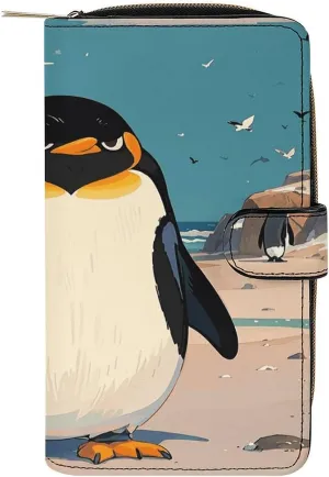 PU Leather Wallet Emperor Penguin Academy Print Travel Purse Women's Long Bifold Wallet Ladies Card Holder Purse with Zipper & Snap Closure