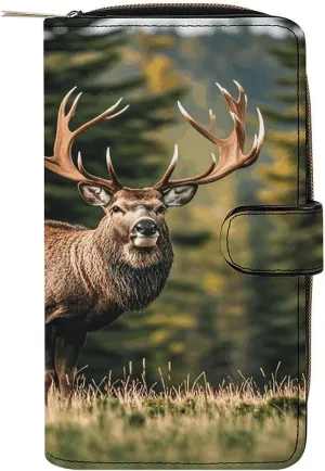 PU Leather Wallet Lodge Moose Print Travel Purse Women's Long Bifold Wallet Ladies Card Holder Purse with Zipper & Snap Closure