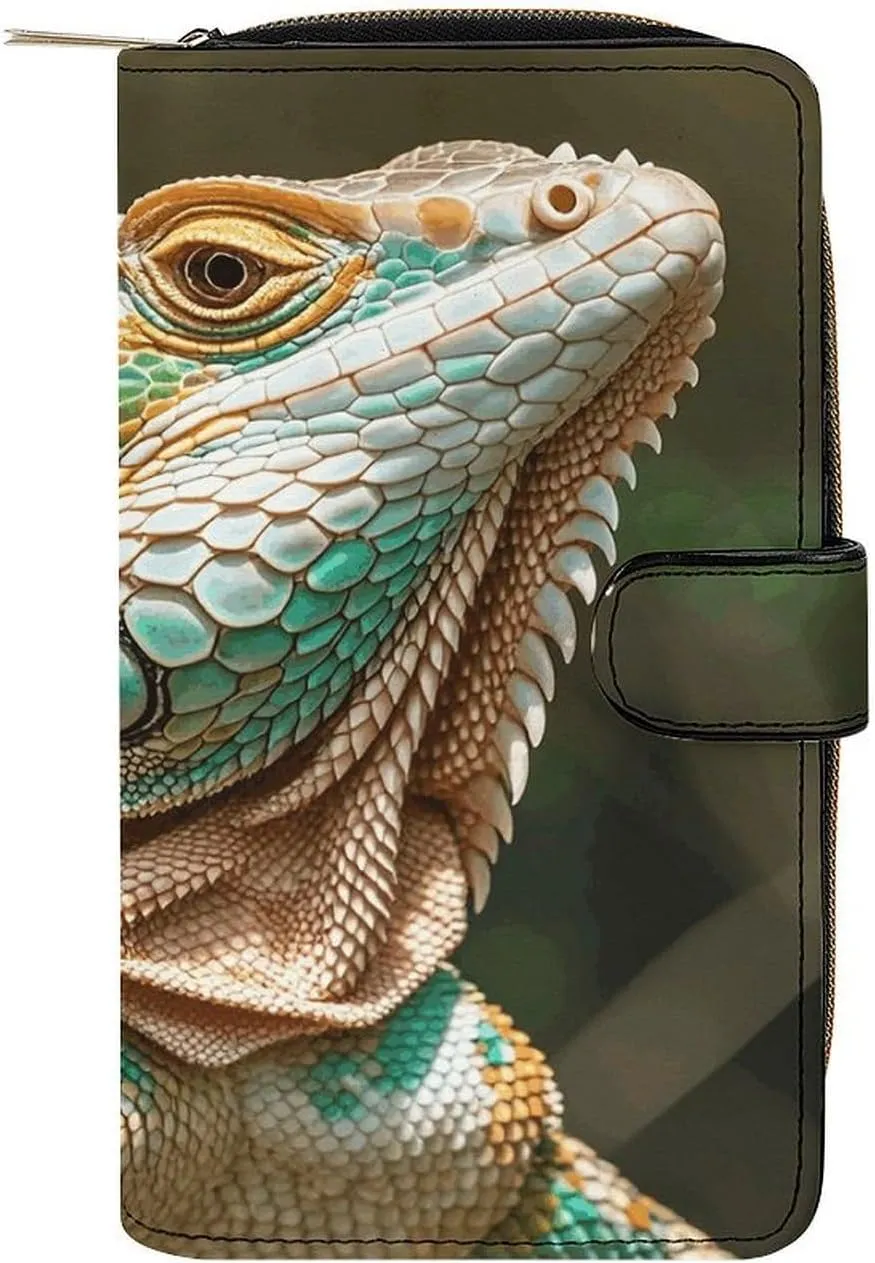 PU Leather Wallet Primitive Wildlife Lizards Print Travel Purse Women's Long Bifold Wallet Ladies Card Holder Purse with Zipper & Snap Closure