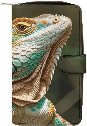 PU Leather Wallet Primitive Wildlife Lizards Print Travel Purse Women's Long Bifold Wallet Ladies Card Holder Purse with Zipper & Snap Closure