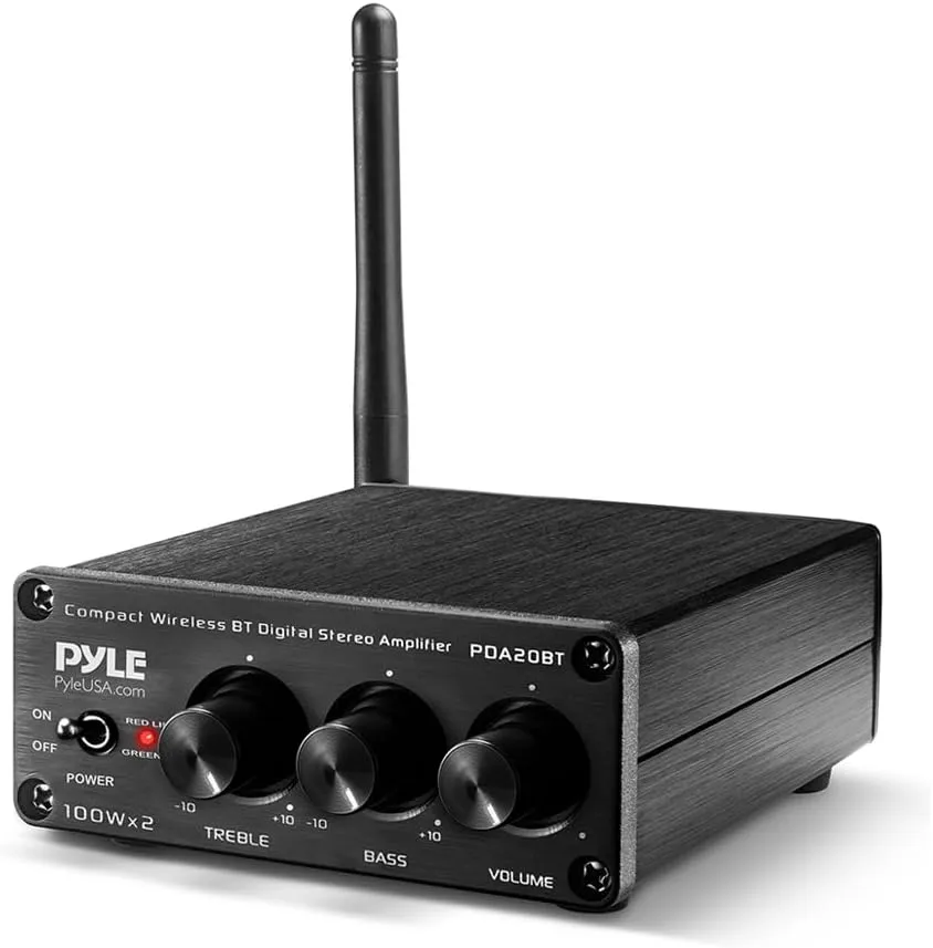 Pyle 2x100W Bluetooth HiFi Mini Audio Amplifier - Class D Stereo Receiver - Aluminum Diecast - for Desktop/PC - Wireless Streaming - Headphone Jack - PDA20BT