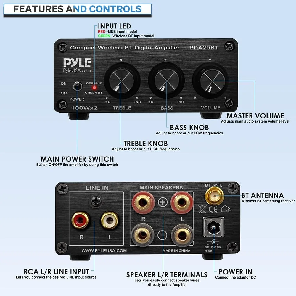 Pyle 2x100W Bluetooth HiFi Mini Audio Amplifier - Class D Stereo Receiver - Aluminum Diecast - for Desktop/PC - Wireless Streaming - Headphone Jack - PDA20BT