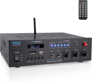 Pyle 300W Bluetooth Karaoke Amplifier - 2-Channel PA System with FM Radio - USB/SD - AUX - 2 Mic Inputs - Siren Alarm - 12V Power Option - Remote Control for Home - Car - Bus Tours - PFA600BU