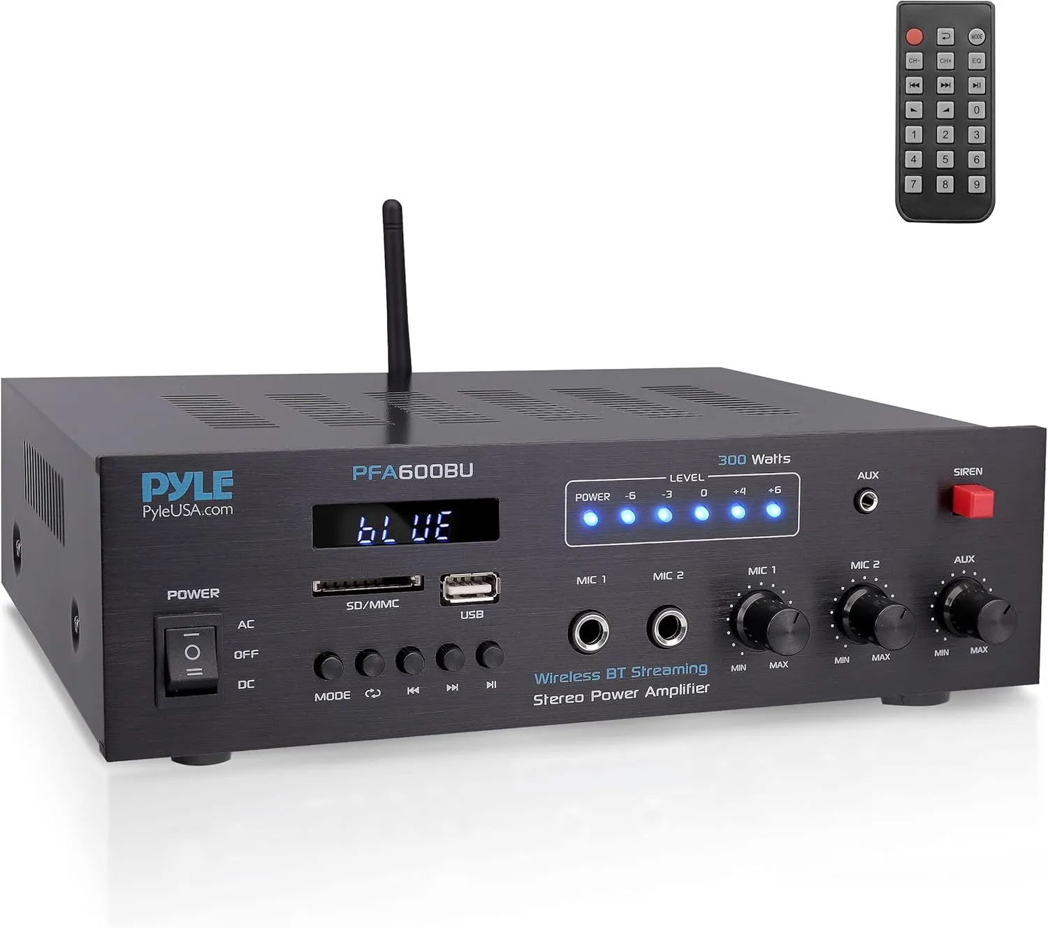 Pyle 300W Bluetooth Karaoke Amplifier - 2-Channel PA System with FM Radio - USB/SD - AUX - 2 Mic Inputs - Siren Alarm - 12V Power Option - Remote Control for Home - Car - Bus Tours - PFA600BU