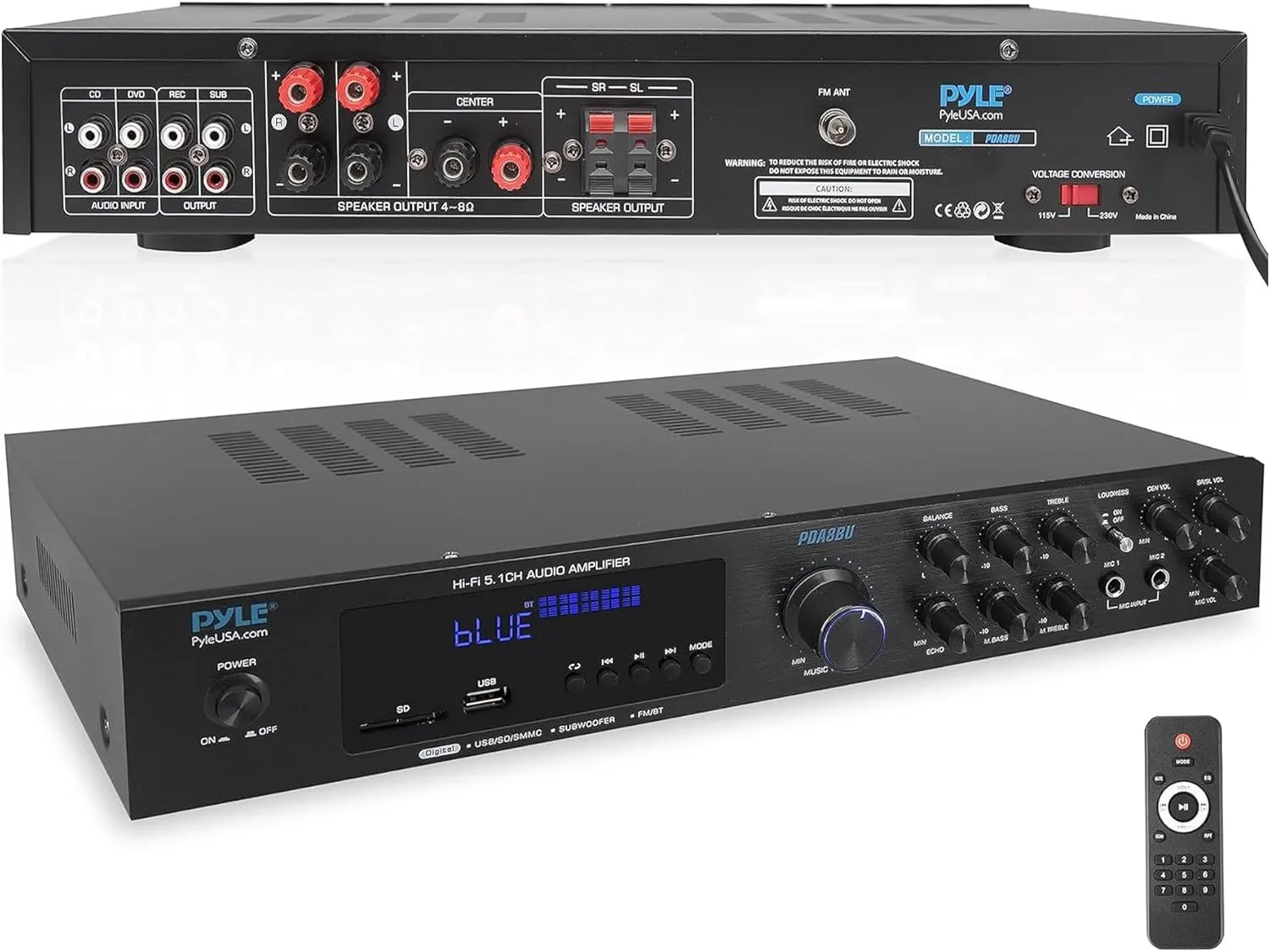 Pyle 5-Channel Wireless Bluetooth 5.0 Audio Amplifier - Stereo Amp for Home Speakers with MP3/USB/SD - AUX - FM Radio - 2 Mic Inputs w/ Echo - Subwoofer Output - VFD Display - Remote Control - PDA8BU