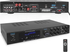 Pyle 5-Channel Wireless Bluetooth 5.0 Audio Amplifier - Stereo Amp for Home Speakers with MP3/USB/SD - AUX - FM Radio - 2 Mic Inputs w/ Echo - Subwoofer Output - VFD Display - Remote Control - PDA8BU