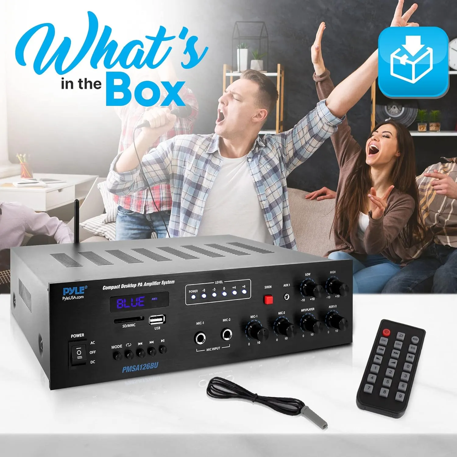 Pyle Wireless Bluetooth Public Address Amplifier - 500W Compact Mini Digital Home Power Audio Sound PA Receiver System w/ 70V 100V Output, Mic Input, Radio, USB, Remote For 4-16ohm Speaker- PMSA126BU