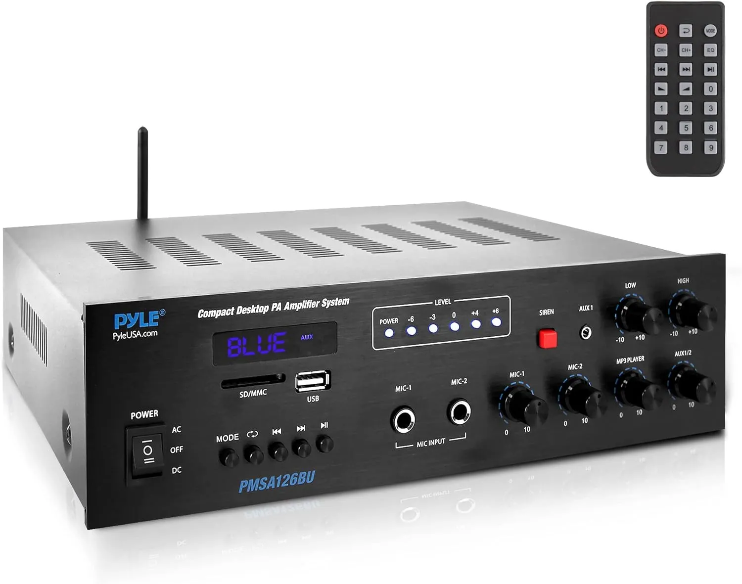 Pyle Wireless Bluetooth Public Address Amplifier - 500W Compact Mini Digital Home Power Audio Sound PA Receiver System w/ 70V 100V Output, Mic Input, Radio, USB, Remote For 4-16ohm Speaker- PMSA126BU