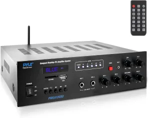 Pyle Wireless Bluetooth Public Address Amplifier - 500W Compact Mini Digital Home Power Audio Sound PA Receiver System w/ 70V 100V Output, Mic Input, Radio, USB, Remote For 4-16ohm Speaker- PMSA126BU