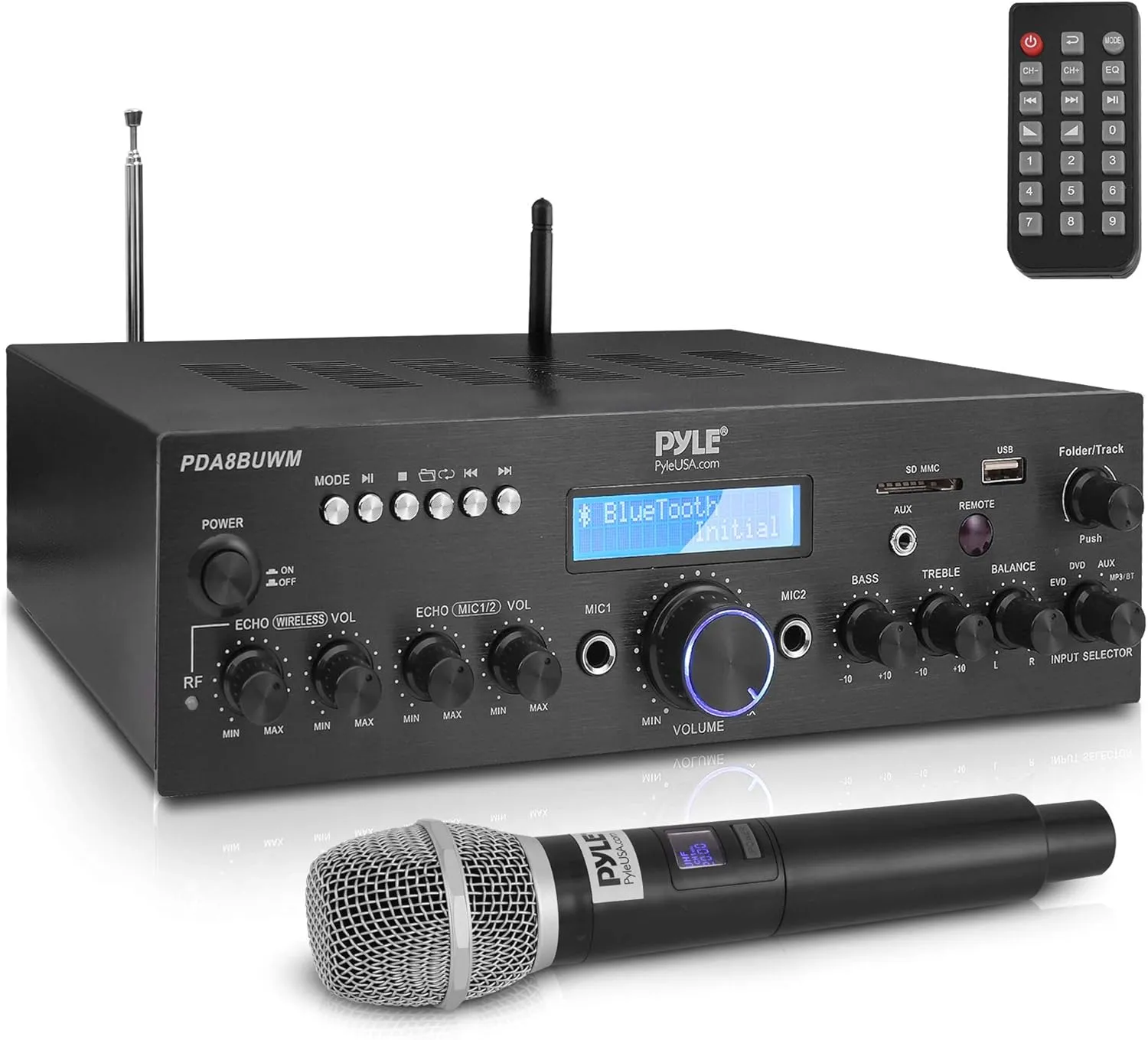 Pyle Wireless Microphone Bluetooth Amplifier-200W Peak Power Dual Channel Stereo Audio Receiver w/USB,AUX in, Dual Mic Inputs w/Echo Control,RCA Input, For Karaoke,Home Theater,Music Studio- PDA8BUWM