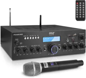 Pyle Wireless Microphone Bluetooth Amplifier-200W Peak Power Dual Channel Stereo Audio Receiver w/USB,AUX in, Dual Mic Inputs w/Echo Control,RCA Input, For Karaoke,Home Theater,Music Studio- PDA8BUWM