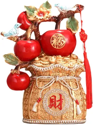 Qianly Resin Figurine Apple Money Bag Statue Collectible Gift Sculpture Ornament for Indoor Fireplace Housewarming Desktop Bookshelf, Gold Base