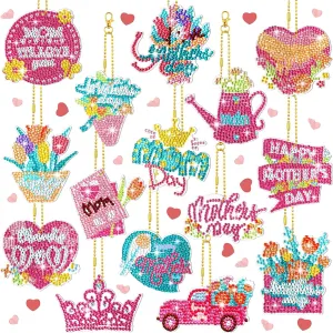 Queekay 15 Pieces Happy Mother's Day Diamond Painting Key Chain Diamond Painting Jewelry 5D DIY Diamond Key Chain Mother's Day Art Jewelry DIY Crafts Home Decorations