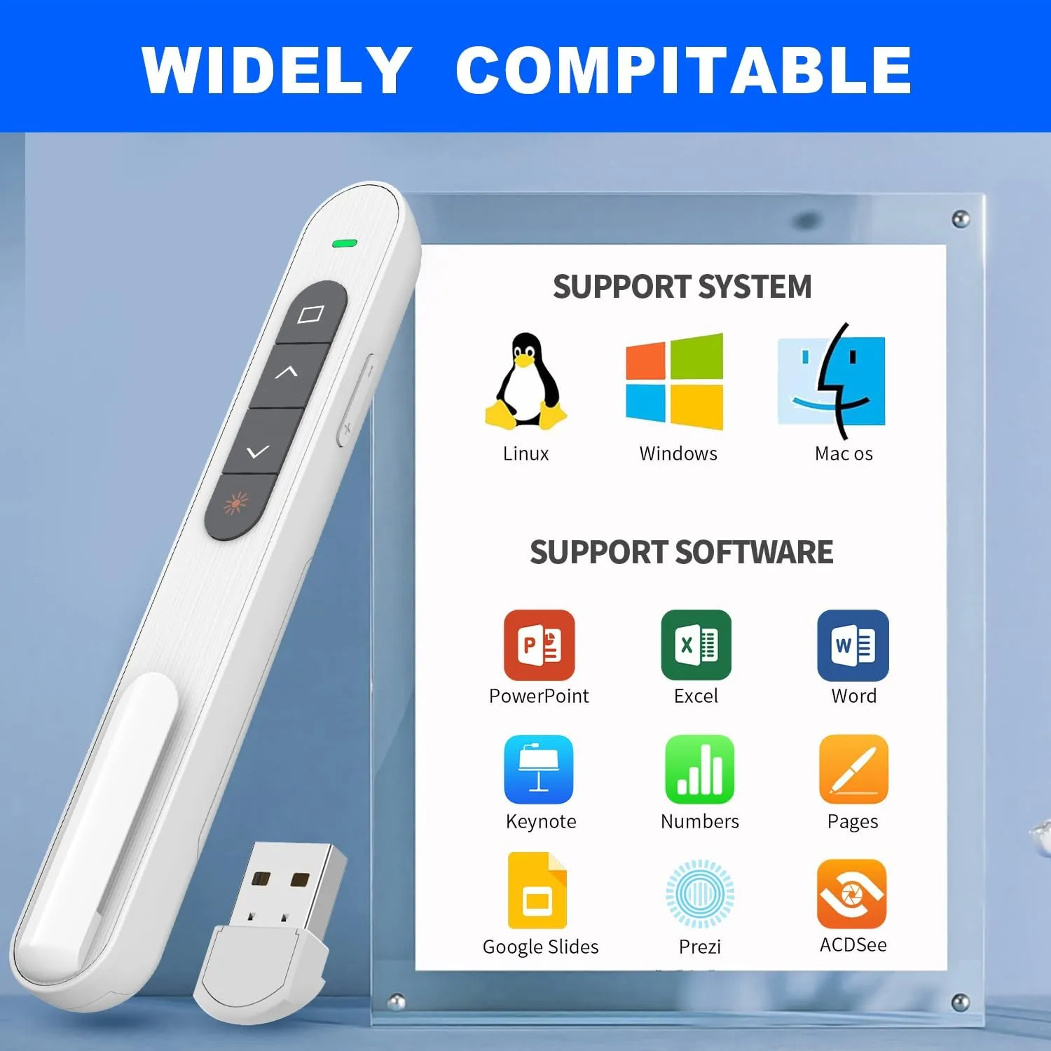 QUI Presentation Clicker Hyperlink Volume Control Wireless Presenter, PowerPoint Clicker RF 2.4GHz USB Presentation Remote Control, PowerPoint Slide Advancer for Mac/PC/Laptop/Keynote