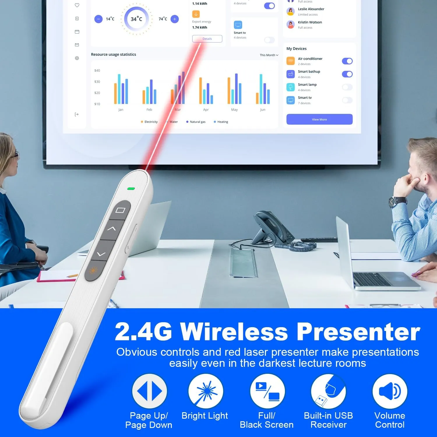QUI Presentation Clicker Hyperlink Volume Control Wireless Presenter, PowerPoint Clicker RF 2.4GHz USB Presentation Remote Control, PowerPoint Slide Advancer for Mac/PC/Laptop/Keynote