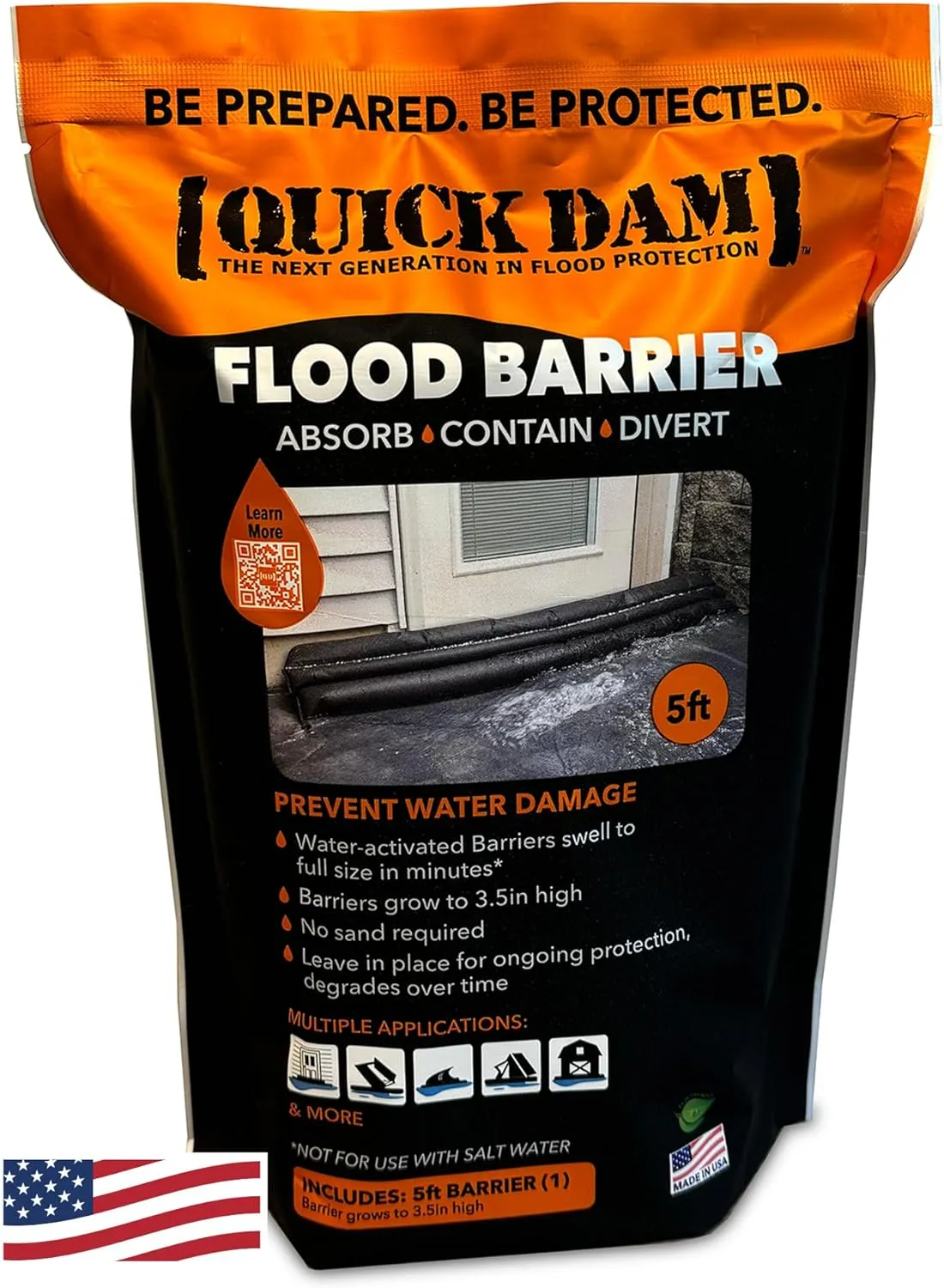 Quick Dam QD65-1 Water-Activated Flood Barrier-5 Feet-1/Pack, 5-ft, Black
