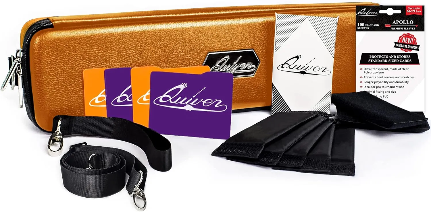 Quiver Time Orange Quiver Card Carrying Case - TCG Cards Deck Box Holder for Trading Cards, MTG Bag Playing Card Case ( Wrist & Shoulder Strap, Dividers, Separators, Corner Pads   100 Apollo Sleeves)