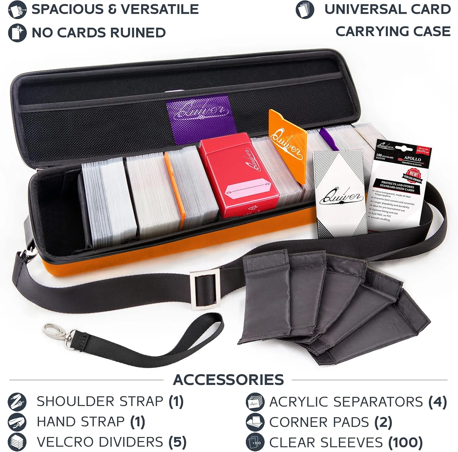 Quiver Time Orange Quiver Card Carrying Case - TCG Cards Deck Box Holder for Trading Cards, MTG Bag Playing Card Case ( Wrist & Shoulder Strap, Dividers, Separators, Corner Pads   100 Apollo Sleeves)