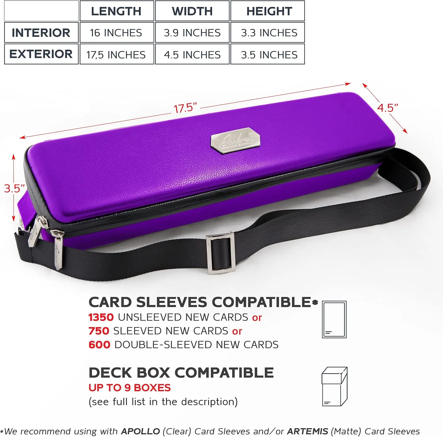 Quiver Time Purple Quiver Card Carrying Case - TCG Cards Deck Box Holder for Trading Cards, MTG Bag Playing Card Case ( Wrist & Shoulder Strap, Dividers, Separators, Corner Pads   100 Apollo Sleeves)