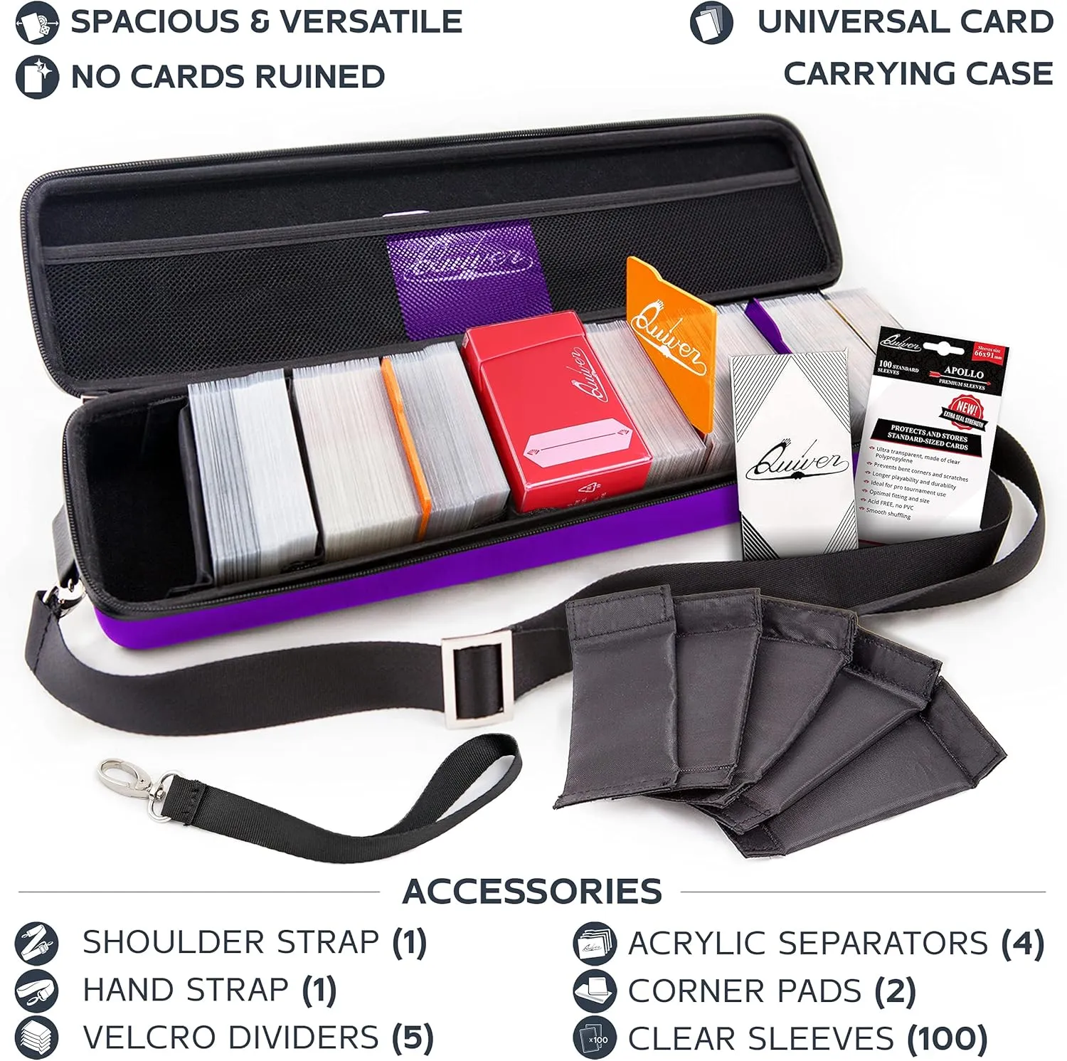 Quiver Time Purple Quiver Card Carrying Case - TCG Cards Deck Box Holder for Trading Cards, MTG Bag Playing Card Case ( Wrist & Shoulder Strap, Dividers, Separators, Corner Pads   100 Apollo Sleeves)