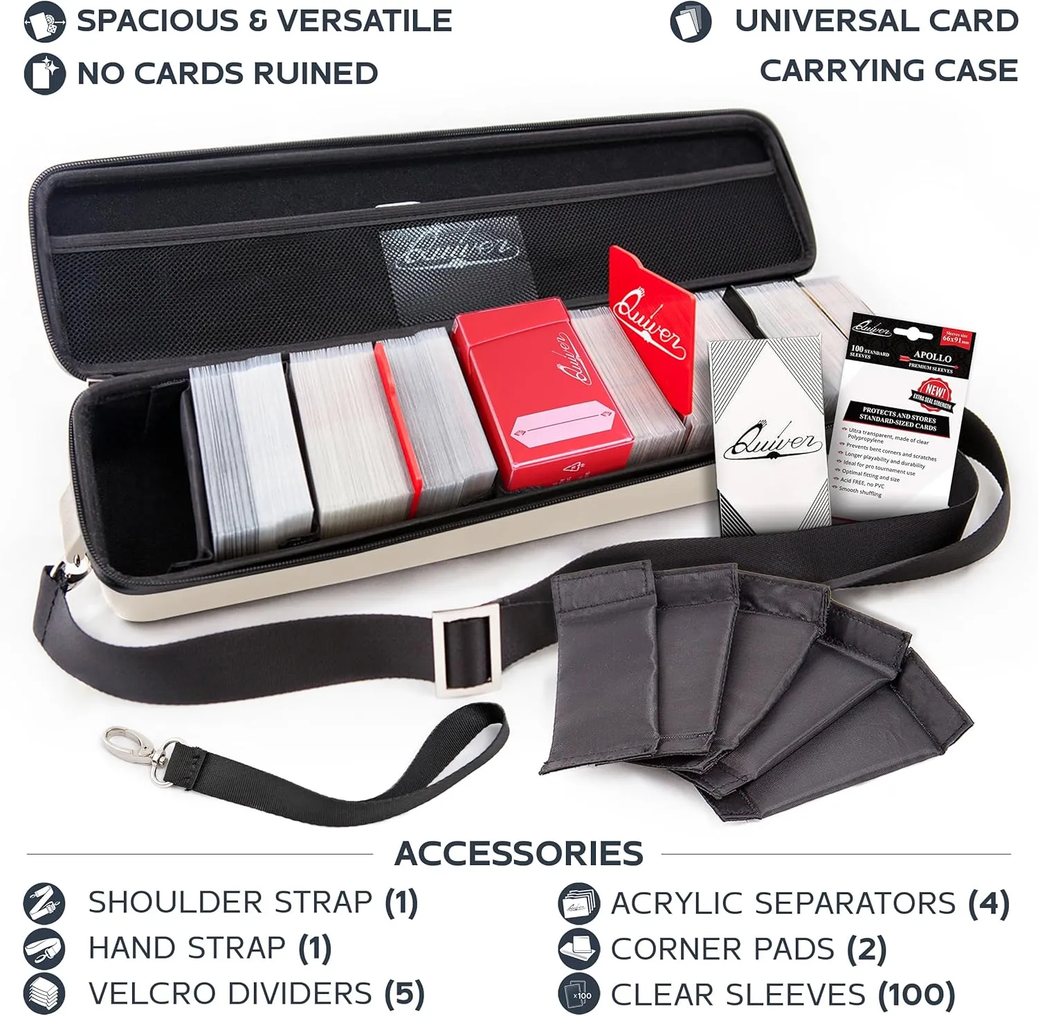 Quiver Time White Quiver Card Carrying Case - TCG Cards Deck Box Holder for Trading Cards, MTG Bag Playing Card Case ( Wrist & Shoulder Strap, Dividers, Separators, Corner Pads   100 Apollo Sleeves)