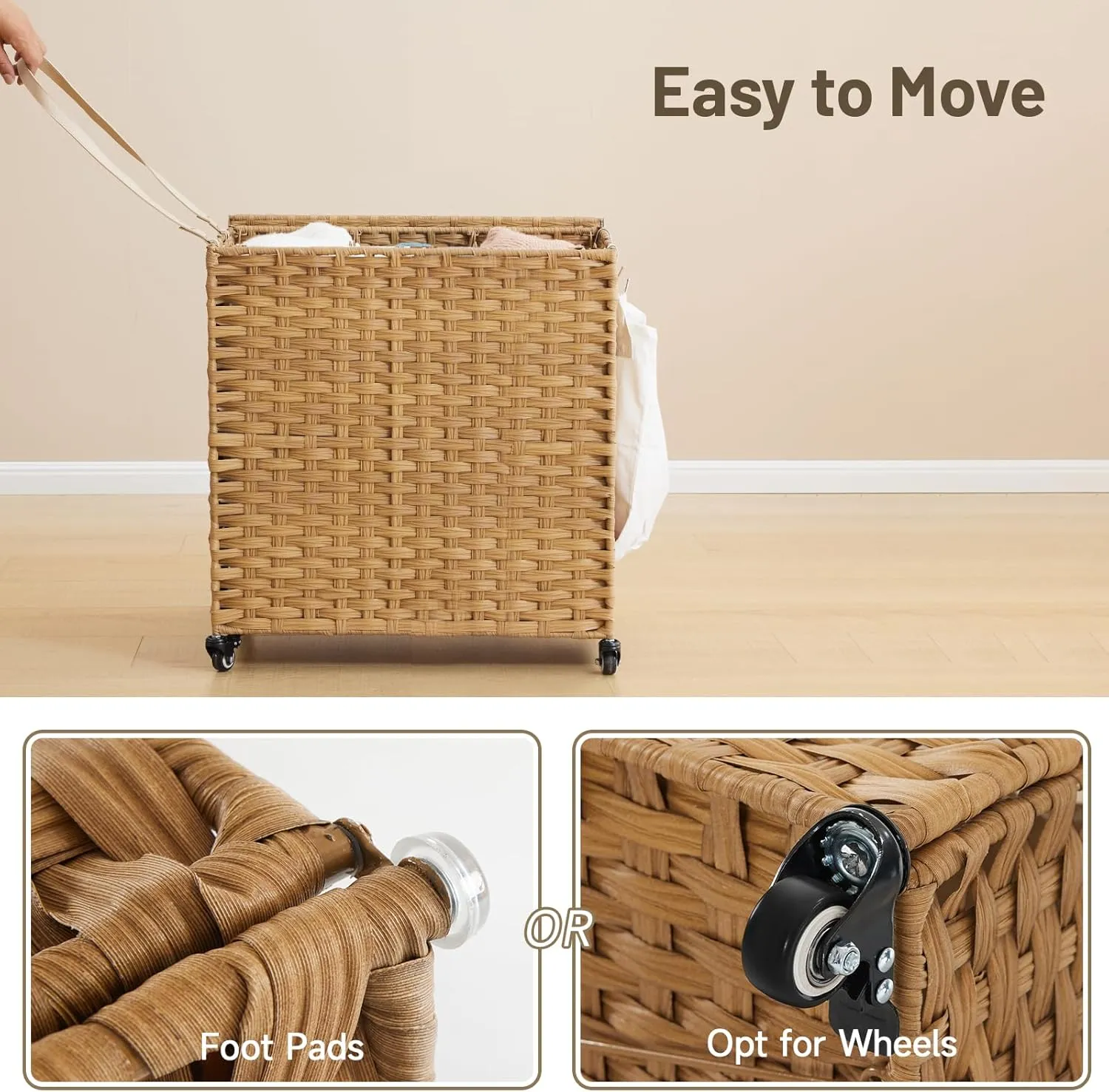 Rattan Laundry Hamper with Wheels - 39.6 Gallon Rolling Basket with Lid & 3 Removable Liners - Natural