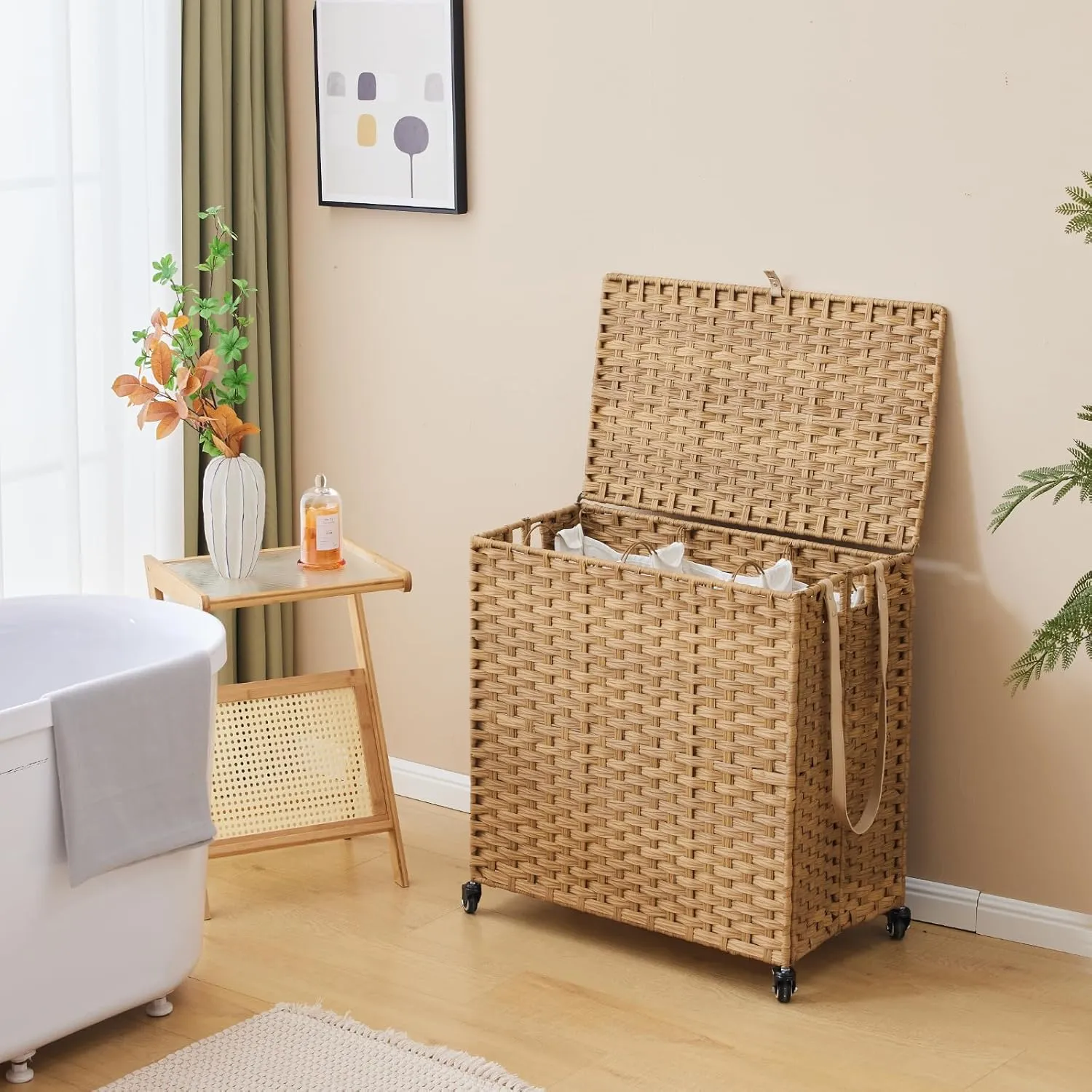 Rattan Laundry Hamper with Wheels - 39.6 Gallon Rolling Basket with Lid & 3 Removable Liners - Natural