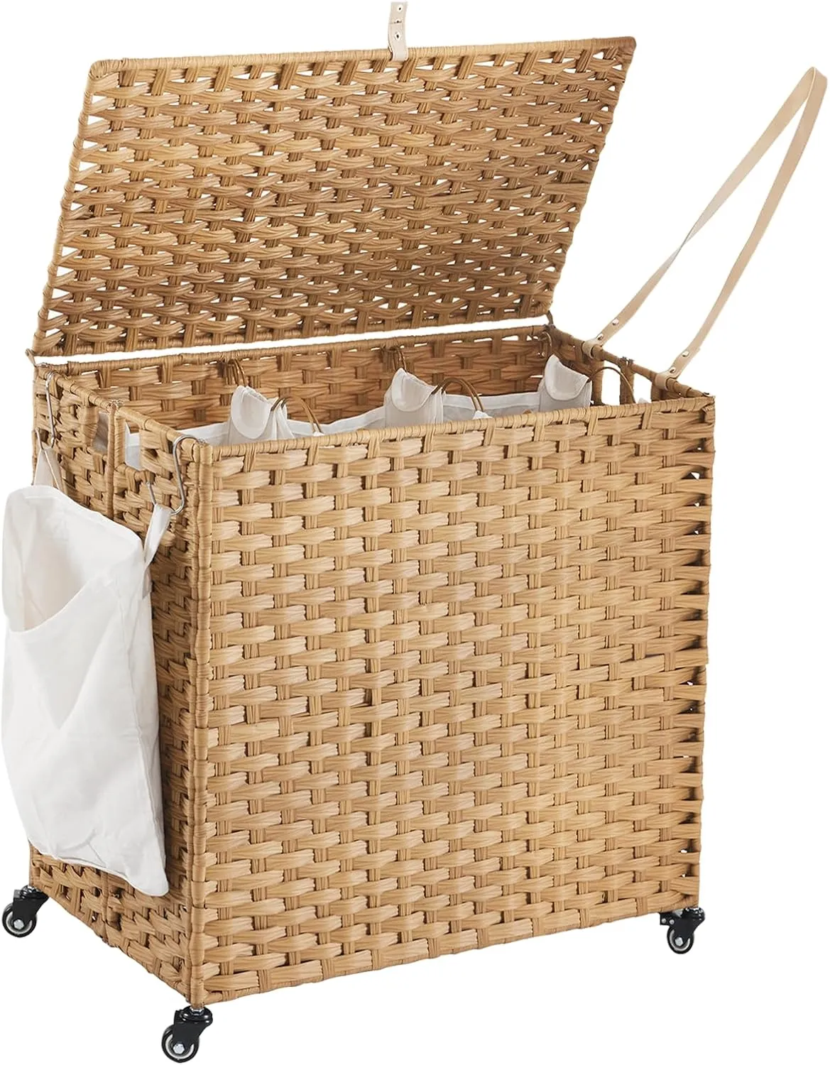 Rattan Laundry Hamper with Wheels - 39.6 Gallon Rolling Basket with Lid & 3 Removable Liners - Natural