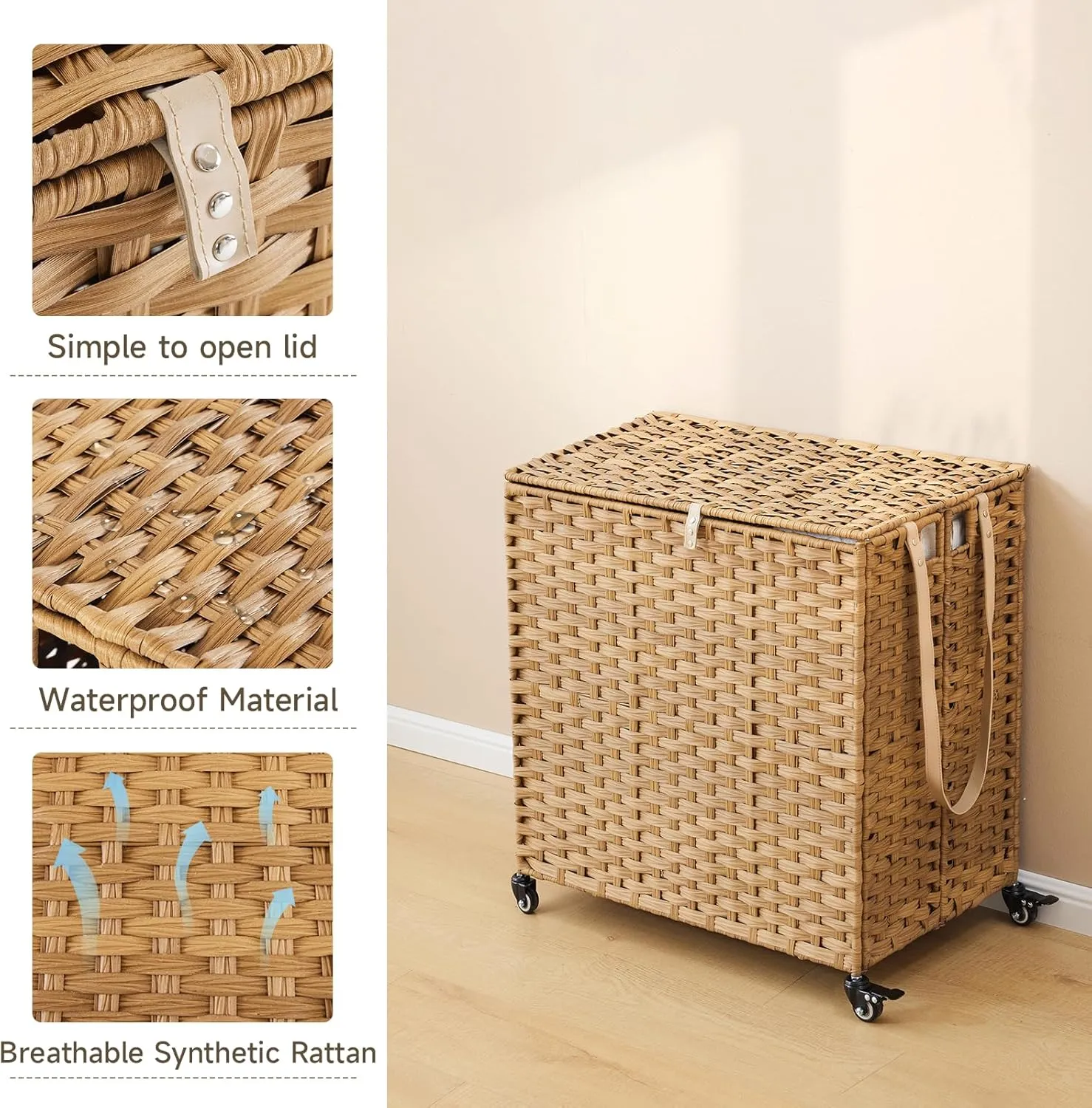 Rattan Laundry Hamper with Wheels - 39.6 Gallon Rolling Basket with Lid & 3 Removable Liners - Natural