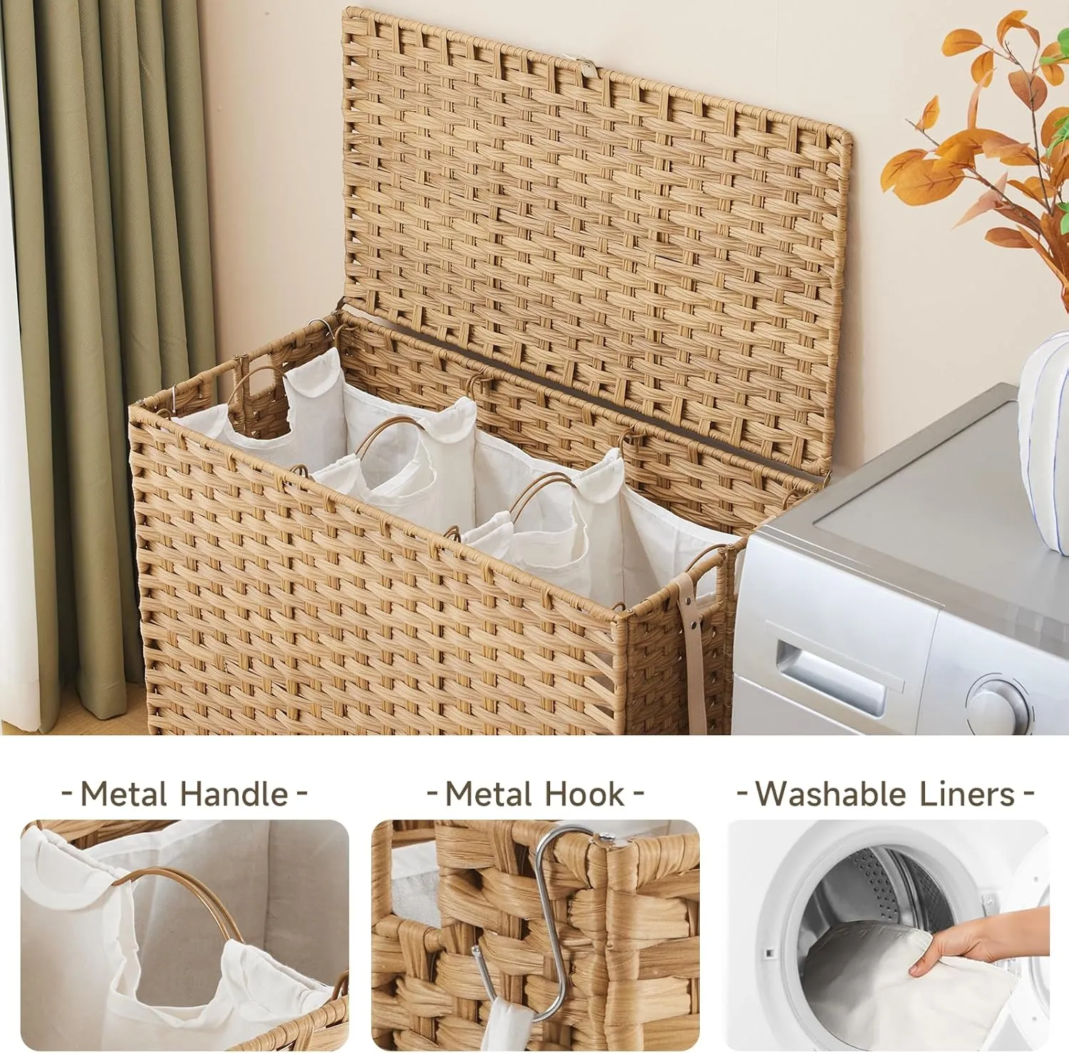 Rattan Laundry Hamper with Wheels - 39.6 Gallon Rolling Basket with Lid & 3 Removable Liners - Natural
