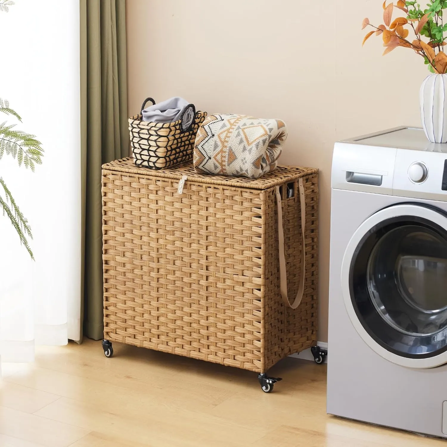 Rattan Laundry Hamper with Wheels - 39.6 Gallon Rolling Basket with Lid & 3 Removable Liners - Natural