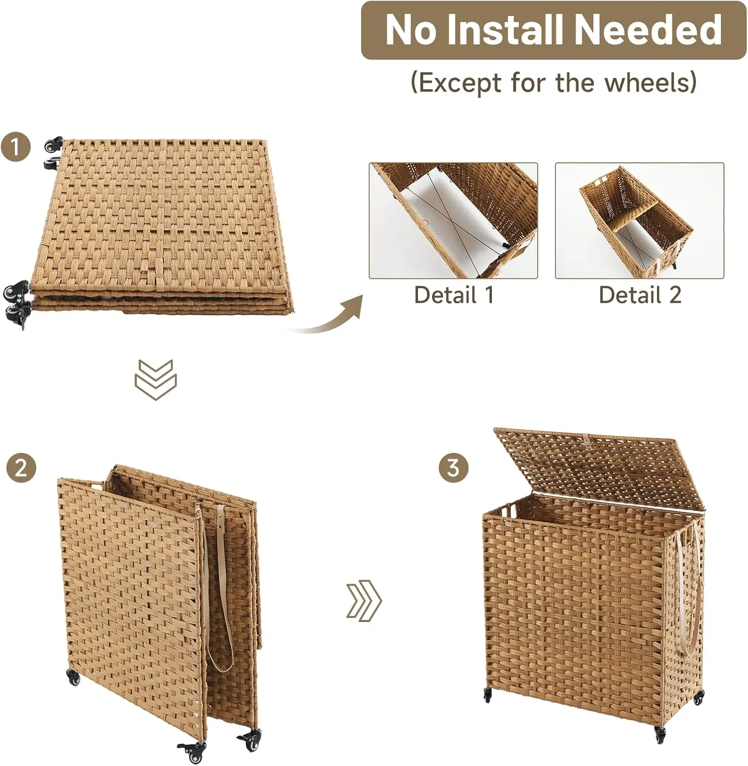 Rattan Laundry Hamper with Wheels - 39.6 Gallon Rolling Basket with Lid & 3 Removable Liners - Natural