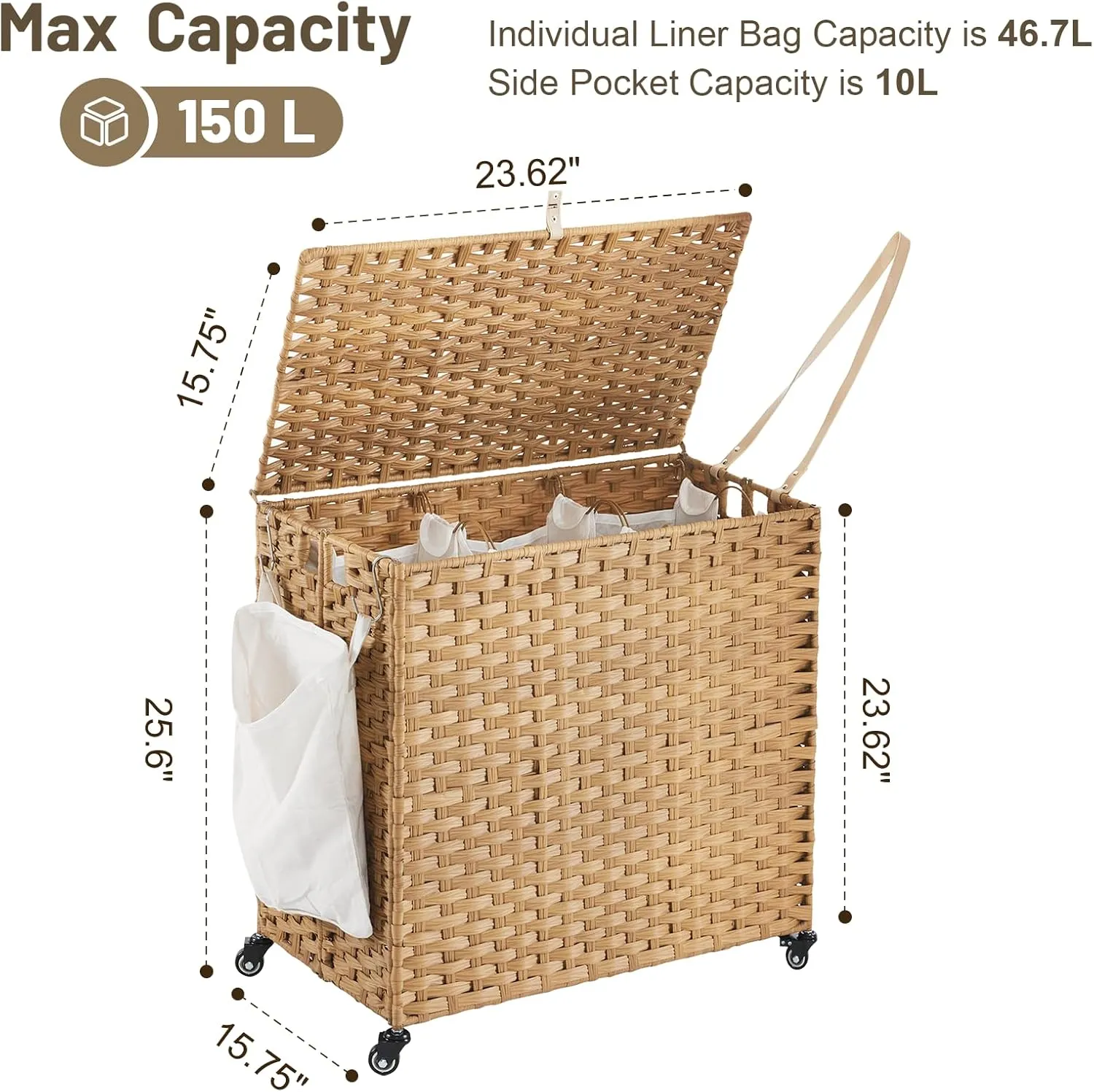 Rattan Laundry Hamper with Wheels - 39.6 Gallon Rolling Basket with Lid & 3 Removable Liners - Natural