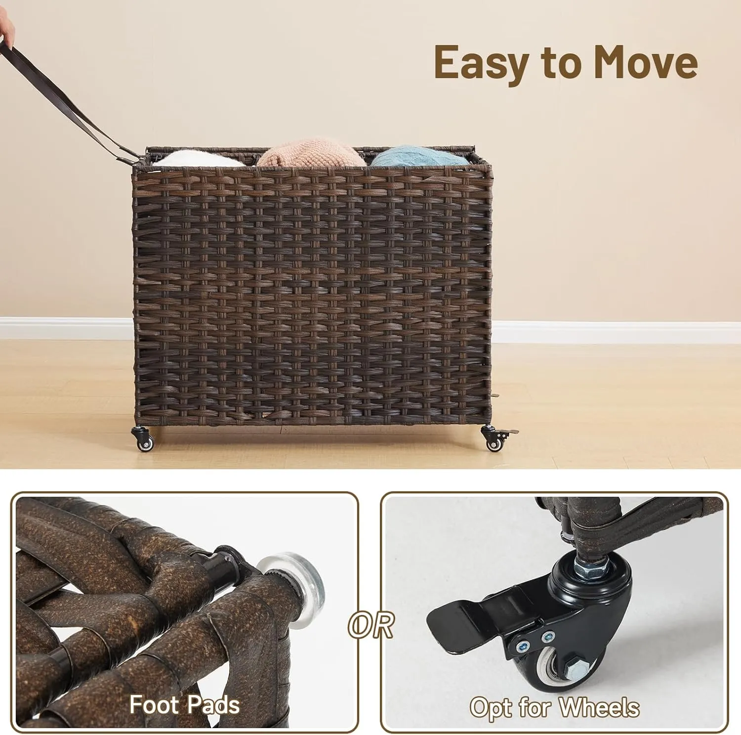 Rattan Laundry Hamper with Wheels, 52.8 Gallon(200L) Rolling Basket with Lid, 3-Section Sorter with Side Pocket, Brown