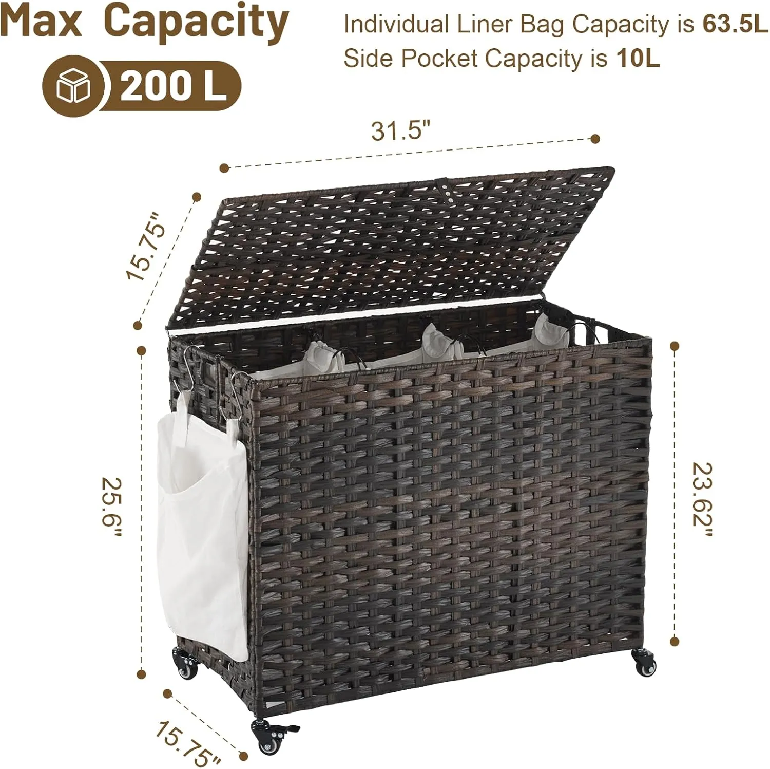 Rattan Laundry Hamper with Wheels, 52.8 Gallon(200L) Rolling Basket with Lid, 3-Section Sorter with Side Pocket, Brown