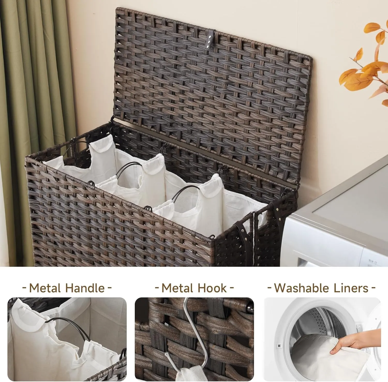 Rattan Laundry Hamper with Wheels, 52.8 Gallon(200L) Rolling Basket with Lid, 3-Section Sorter with Side Pocket, Brown