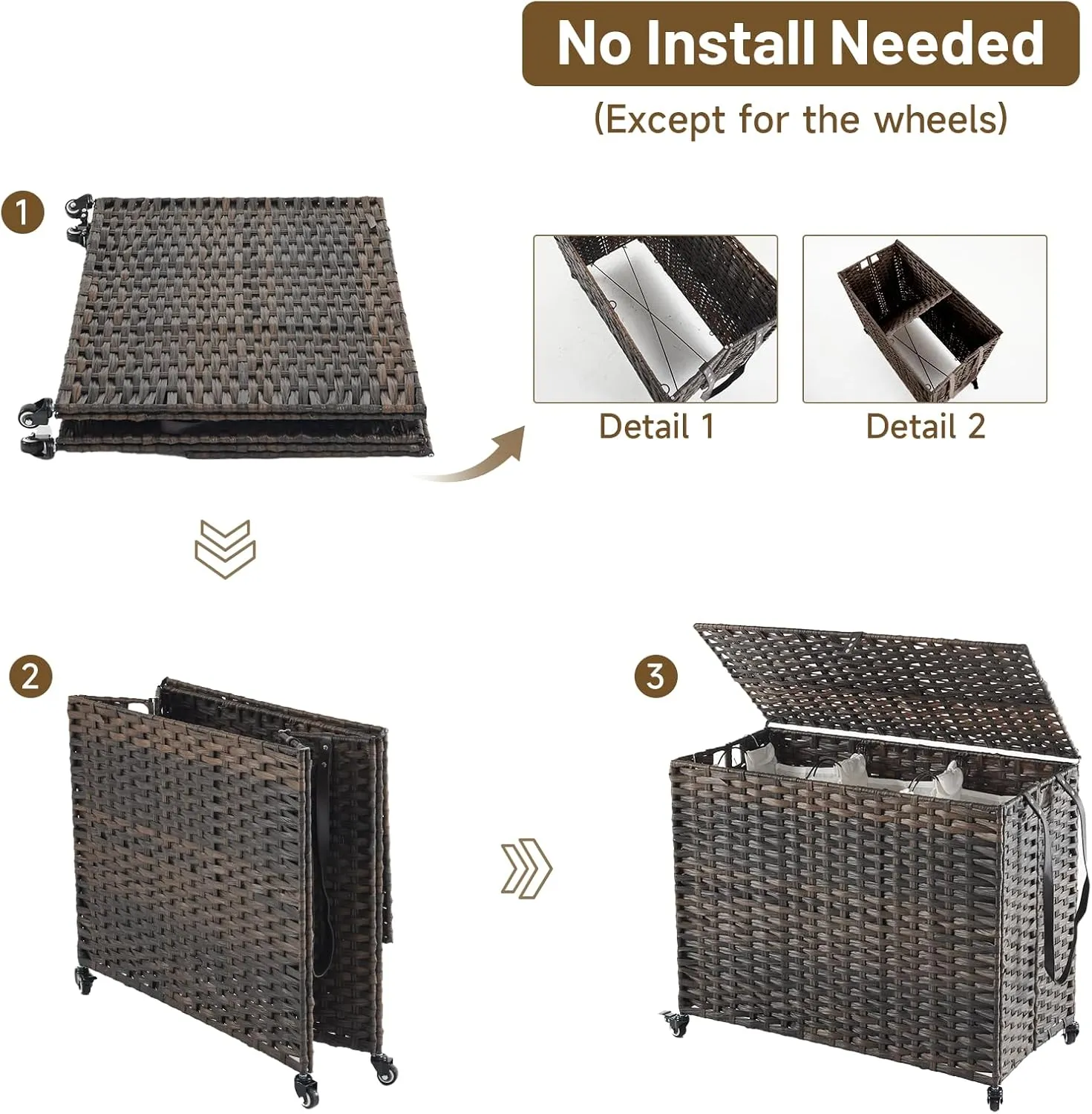 Rattan Laundry Hamper with Wheels, 52.8 Gallon(200L) Rolling Basket with Lid, 3-Section Sorter with Side Pocket, Brown