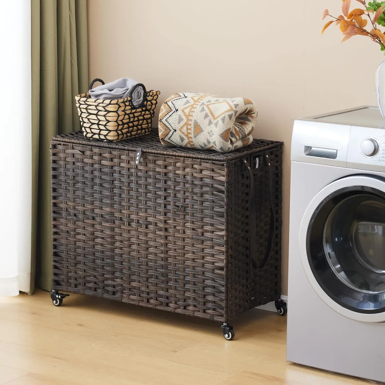 Rattan Laundry Hamper with Wheels, 52.8 Gallon(200L) Rolling Basket with Lid, 3-Section Sorter with Side Pocket, Brown