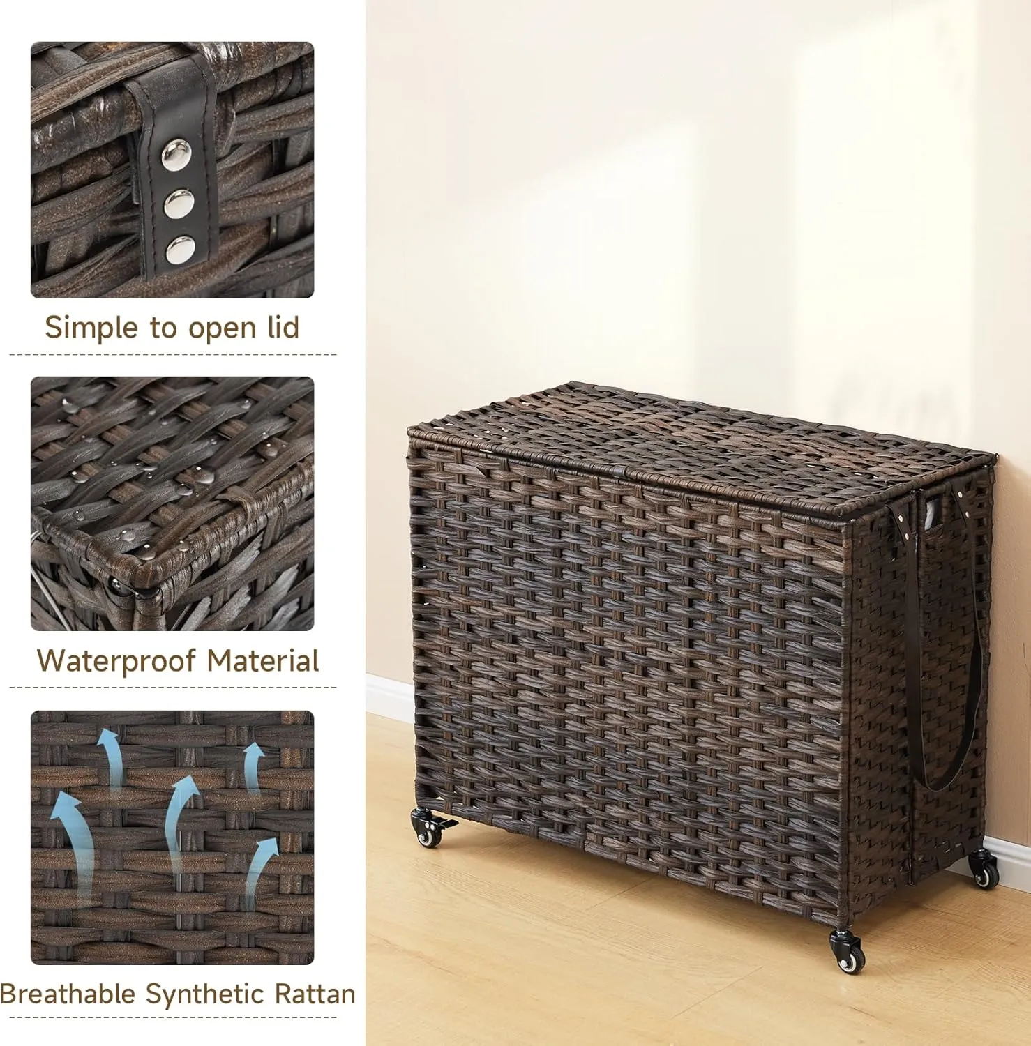 Rattan Laundry Hamper with Wheels, 52.8 Gallon(200L) Rolling Basket with Lid, 3-Section Sorter with Side Pocket, Brown