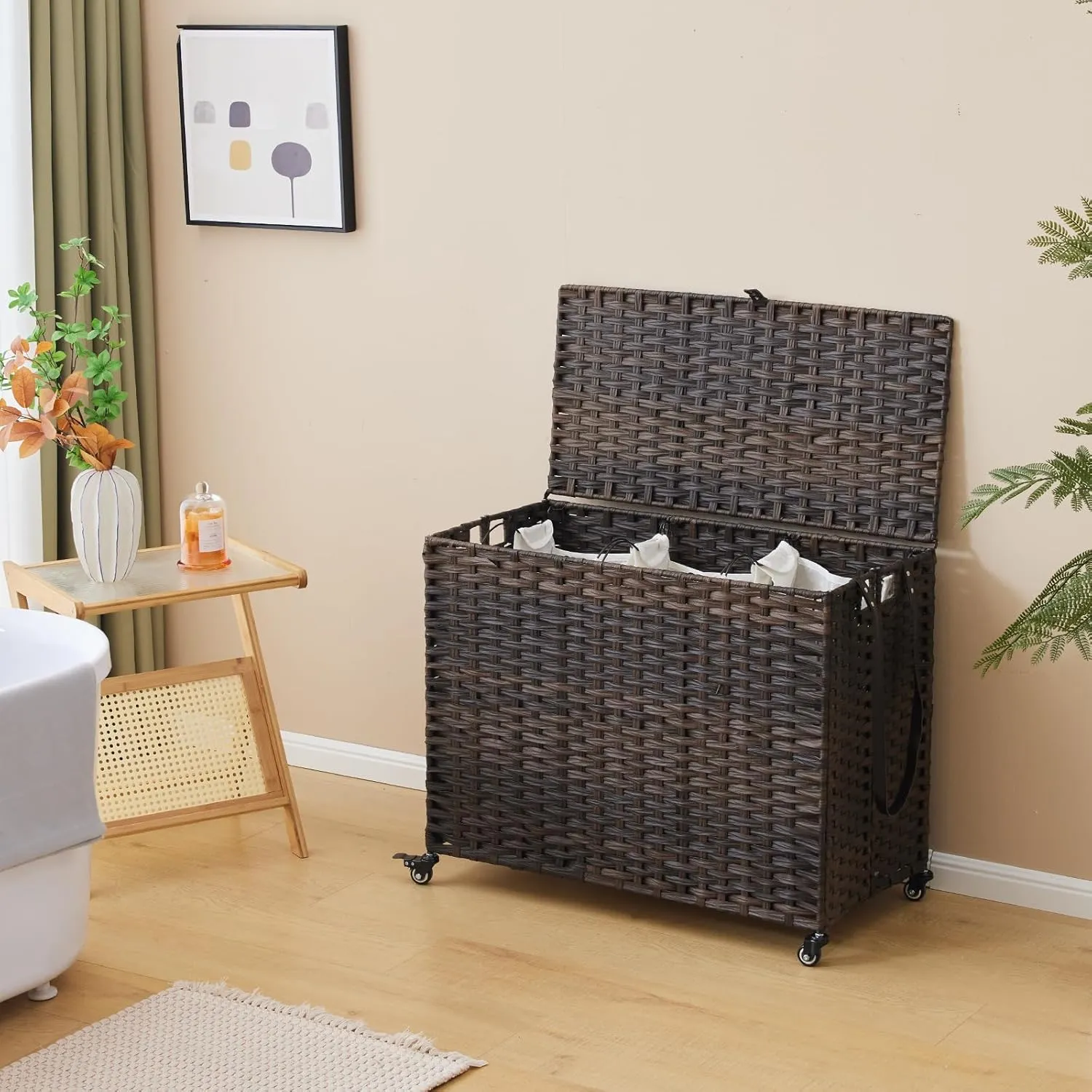 Rattan Laundry Hamper with Wheels, 52.8 Gallon(200L) Rolling Basket with Lid, 3-Section Sorter with Side Pocket, Brown
