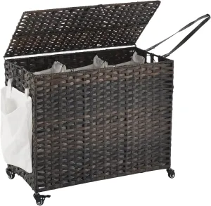 Rattan Laundry Hamper with Wheels, 52.8 Gallon(200L) Rolling Basket with Lid, 3-Section Sorter with Side Pocket, Brown