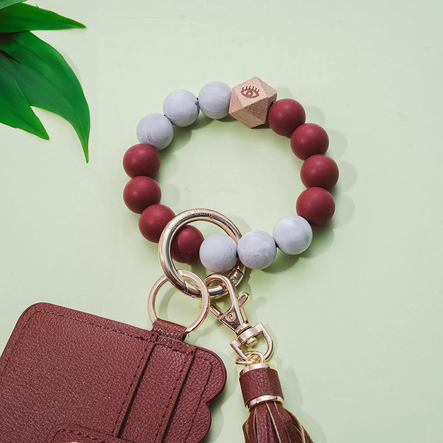 Real Sic Wristlet Bracelet Keychain Wallet, Silicone Bead Credit Card Holder, Multifunctional Trendy Card Case and Keyring Accessory (Brown)